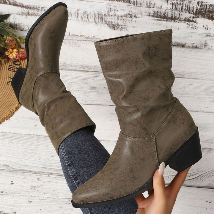 Women's Slouch Mid-Calf Block Heel Faux Leather Boots - Khaki