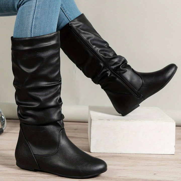 Women's Slouched Mid-Calf Boots Flat Zipper - Black