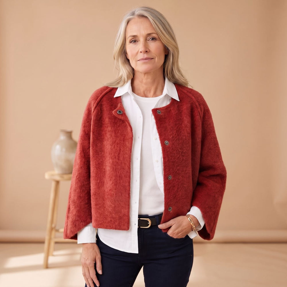 Women's Soft Fuzzy Snap-Button Cropped Wool Coat - Brown