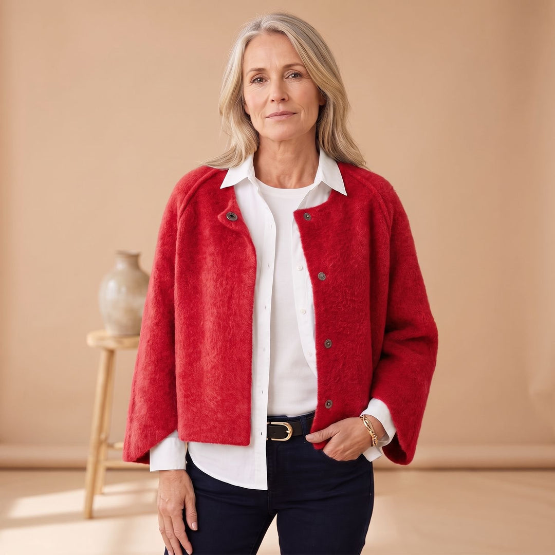 Women's Soft Fuzzy Snap-Button Cropped Wool Coat - Red
