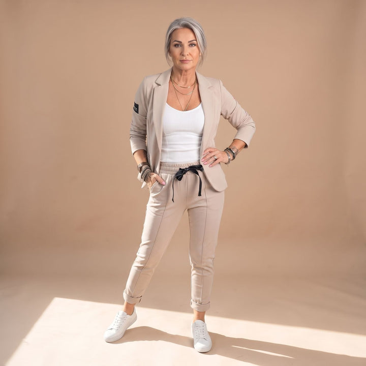 Women's Solid Color Two Piece Set Blazer Jogger Pants Suit - Khaki