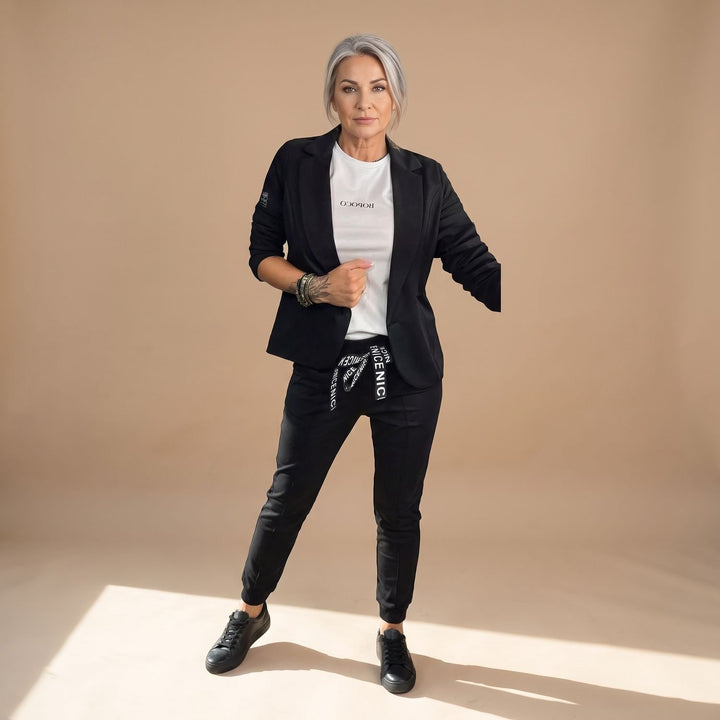 Women's Solid Color Two Piece Set Blazer Jogger Pants Suit - Black
