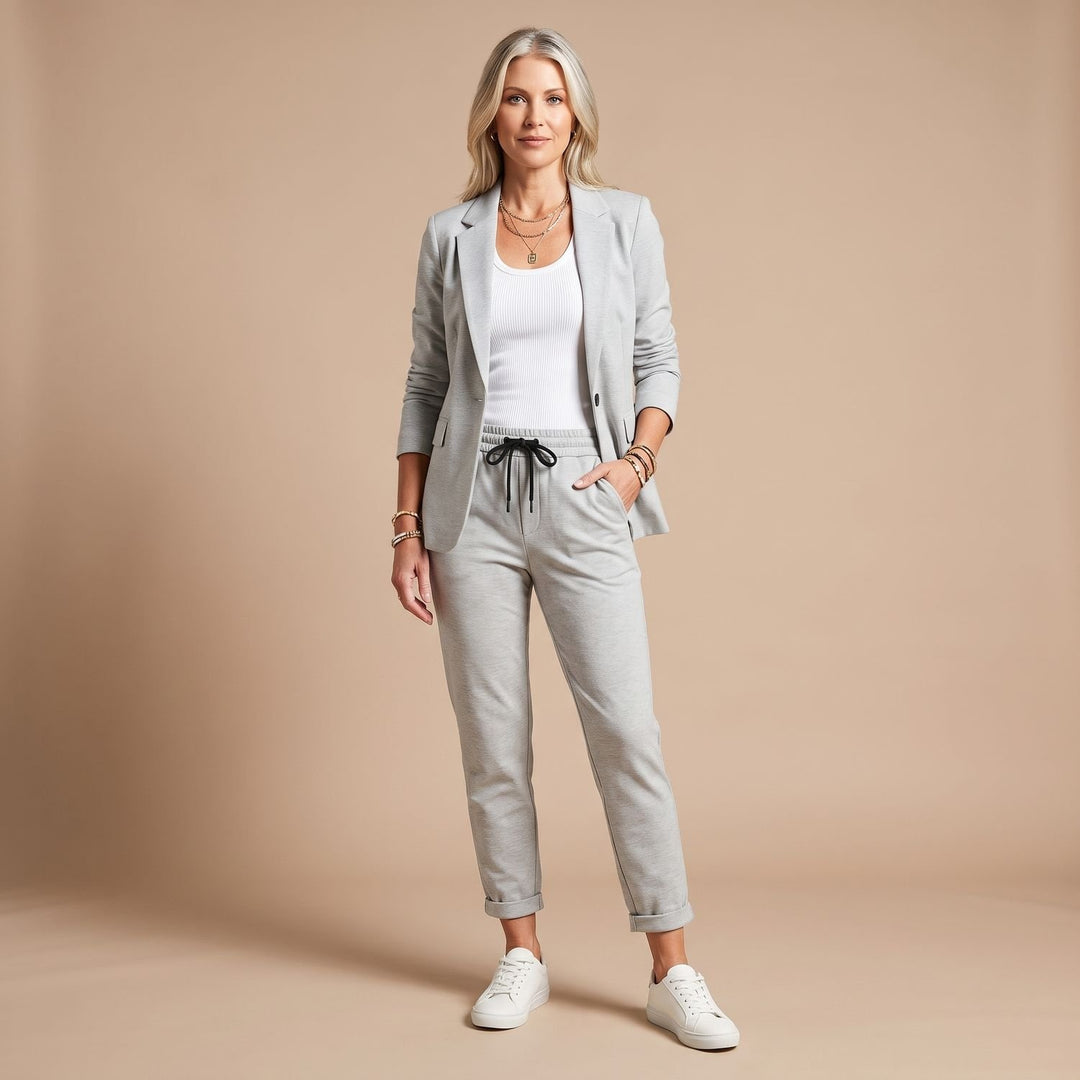 Women's Solid Color Two Piece Set Blazer Jogger Pants Suit - Gray