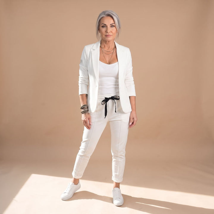 Women's Solid Color Two Piece Set Blazer Jogger Pants Suit - White