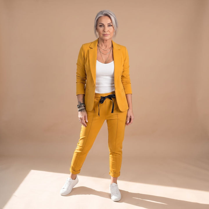 Women's Solid Color Two Piece Set Blazer Jogger Pants Suit - Yellow