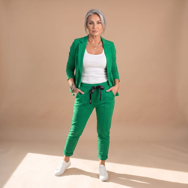 Women's Solid Color Two Piece Set Blazer Jogger Pants Suit - Green