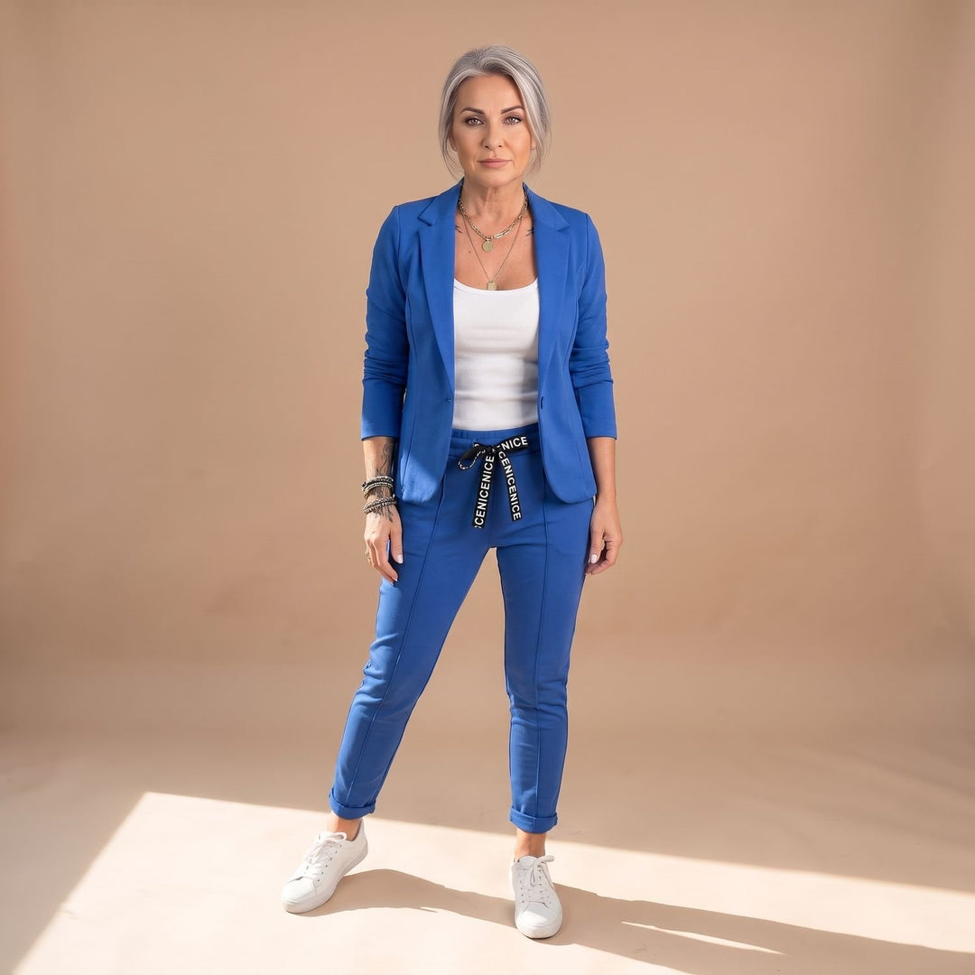 Women's Solid Color Two Piece Set Blazer Jogger Pants Suit - Blue