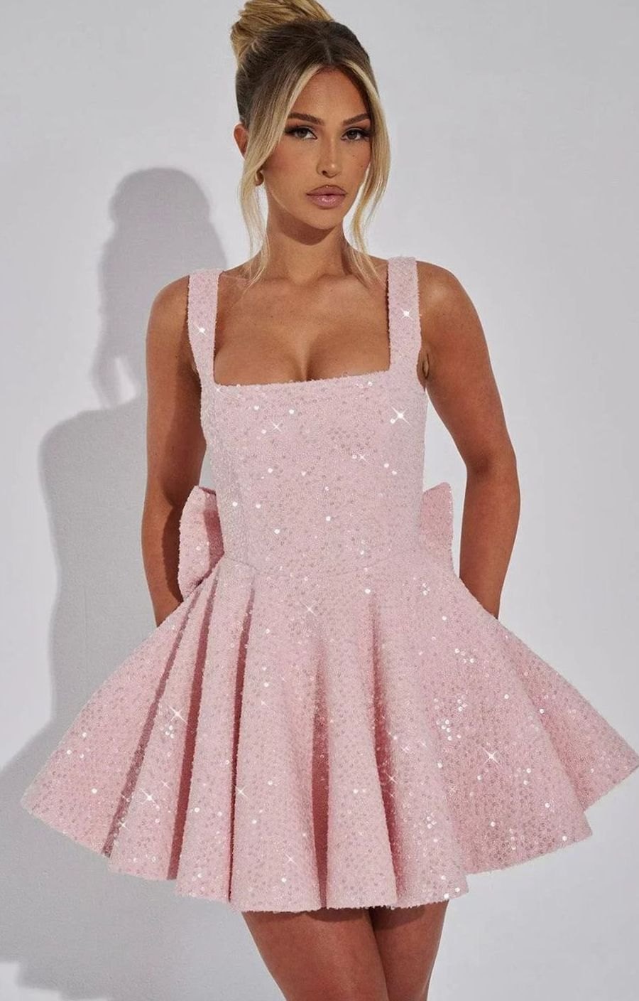 Women's Sparkly Sequin Fit-and-Flare Bow Mini Dress