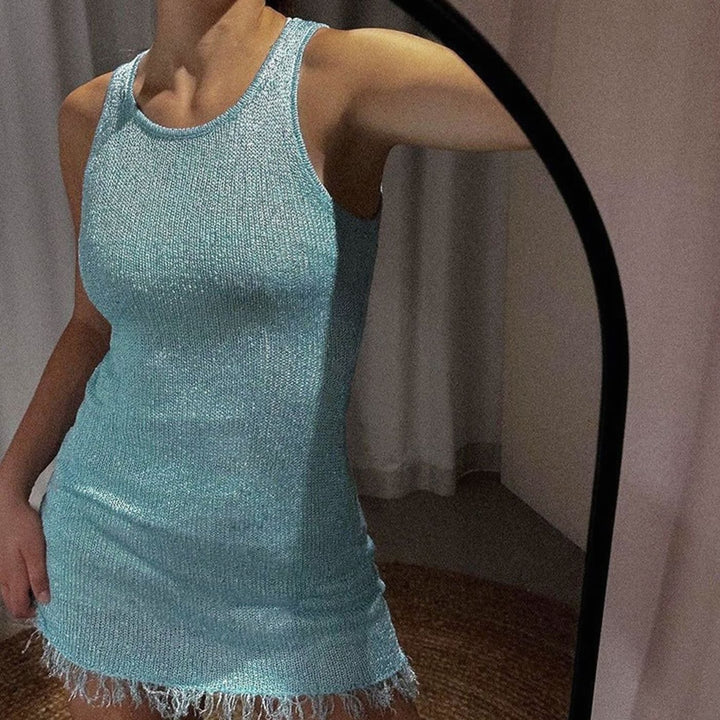 Women's Sparkly Sequin Sleeveless Fringe-Hem Mini Dress