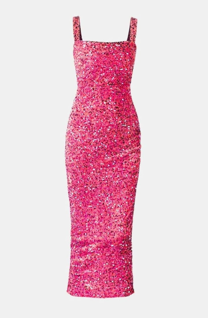 Women's Square Neck All-Over Sequin Slim-Fit Midi Dress - Pink