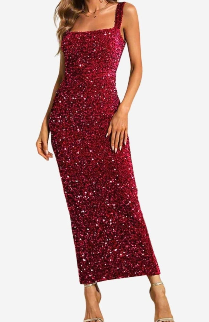 Women's Square Neck All-Over Sequin Slim-Fit Midi Dress