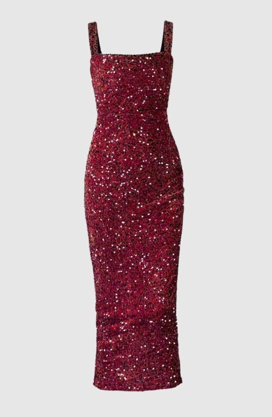 Women's Square Neck All-Over Sequin Slim-Fit Midi Dress - Wine Red