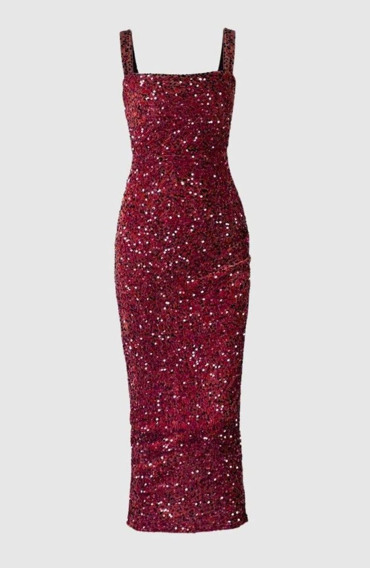 Women's Square Neck All-Over Sequin Slim-Fit Midi Dress - Wine Red