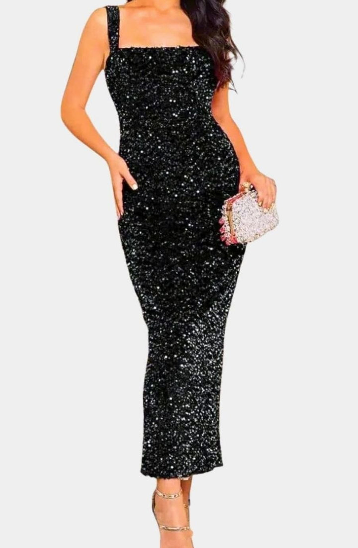 Women's Square Neck All-Over Sequin Slim-Fit Midi Dress