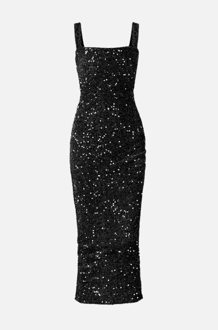 Women's Square Neck All-Over Sequin Slim-Fit Midi Dress - Black