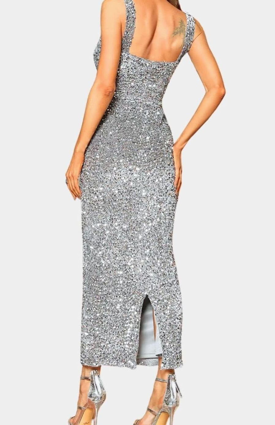 Women's Square Neck All-Over Sequin Slim-Fit Midi Dress