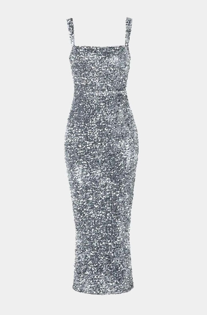 Women's Square Neck All-Over Sequin Slim-Fit Midi Dress - Grey