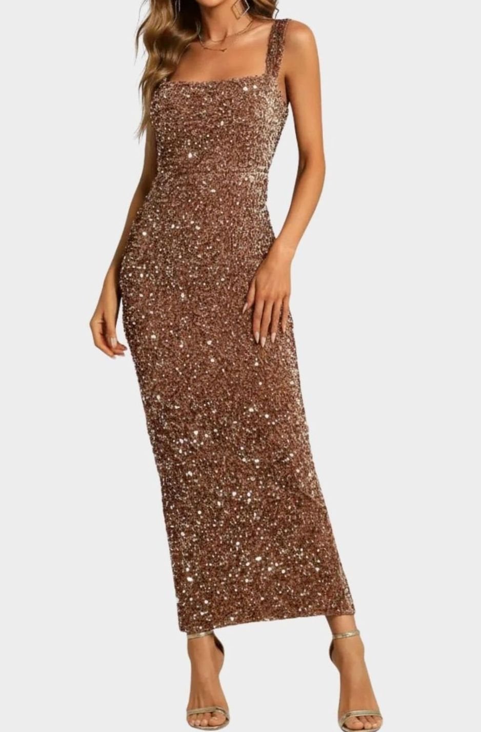 Women's Square Neck All-Over Sequin Slim-Fit Midi Dress