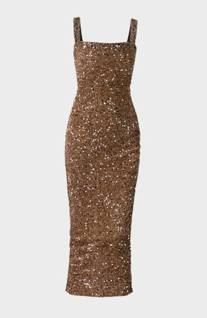 Women's Square Neck All-Over Sequin Slim-Fit Midi Dress - Brown