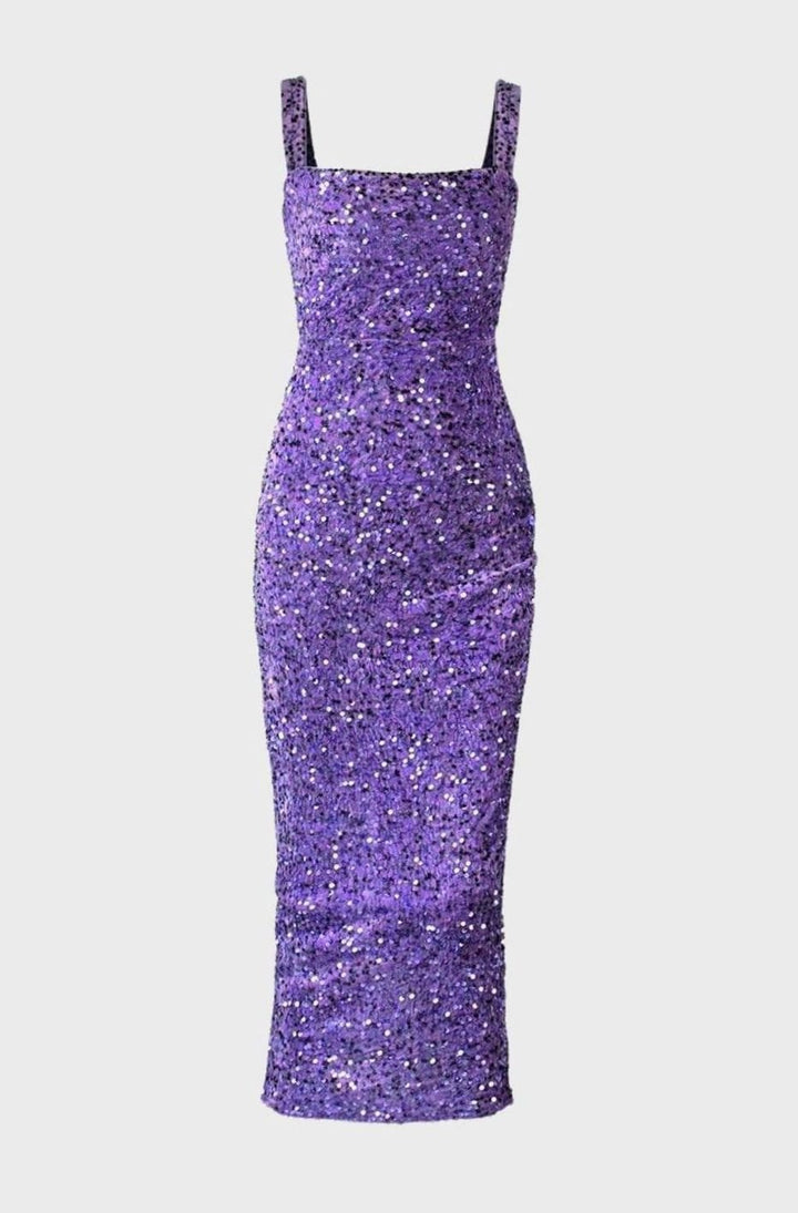 Women's Square Neck All-Over Sequin Slim-Fit Midi Dress - Purple