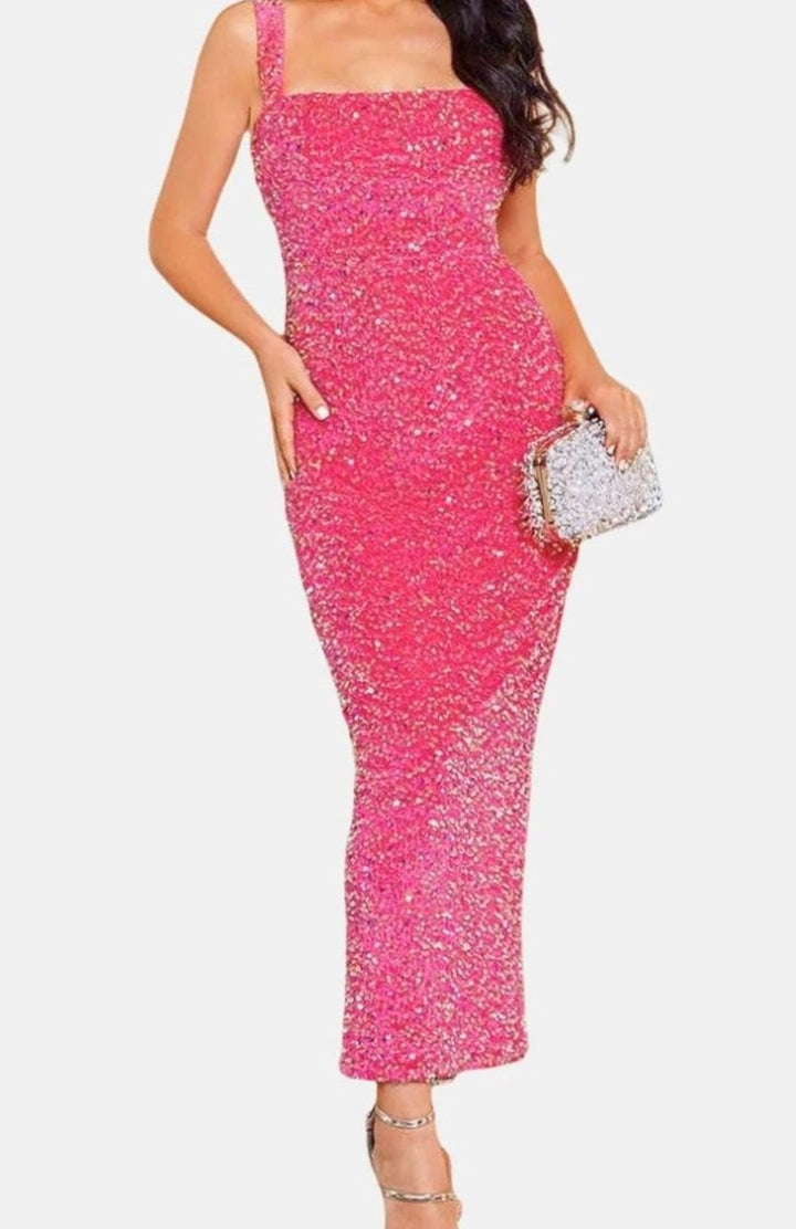 Women's Square Neck All-Over Sequin Slim-Fit Midi Dress