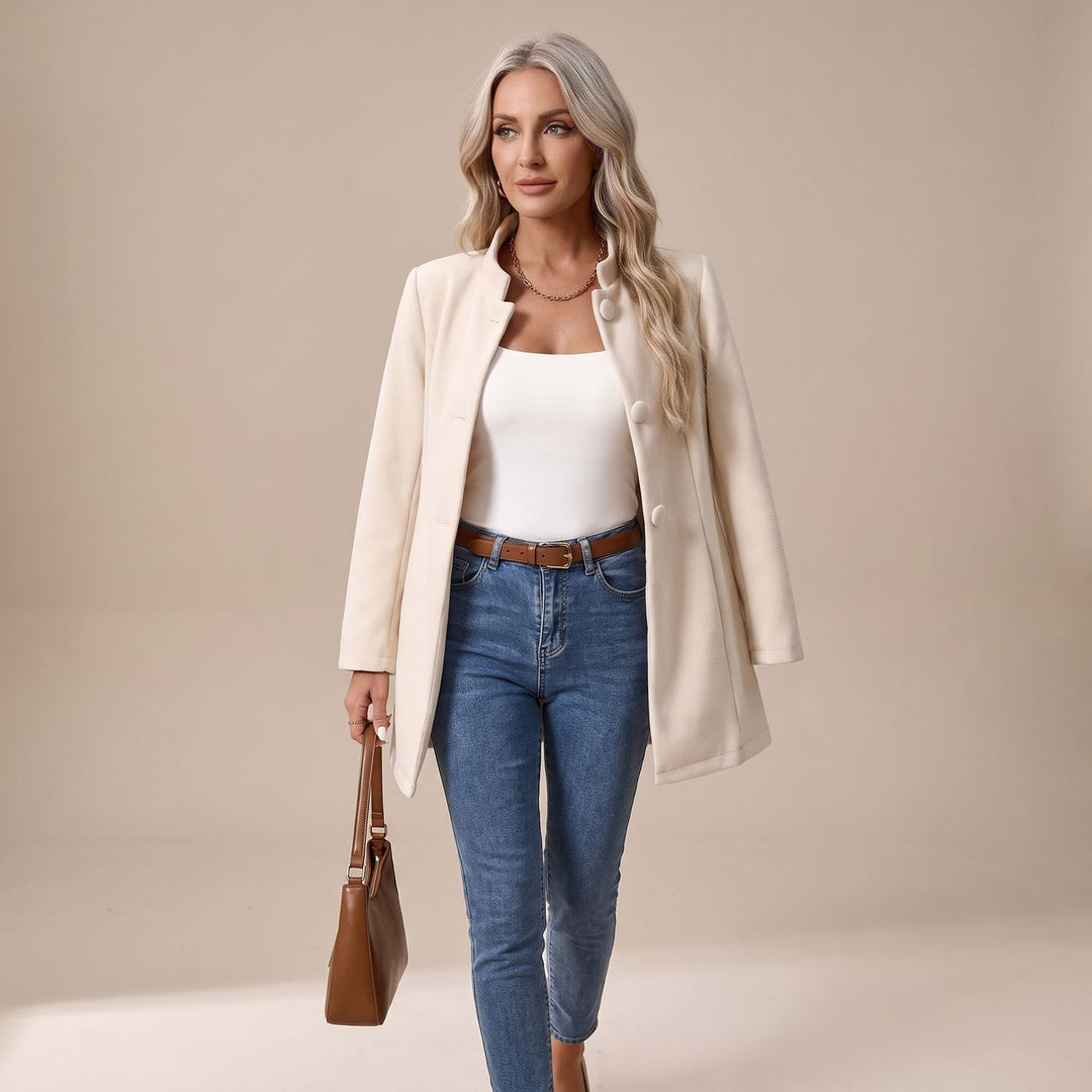Women's Stand-Collar Button-Front Longline Blazer Jacket - Beige