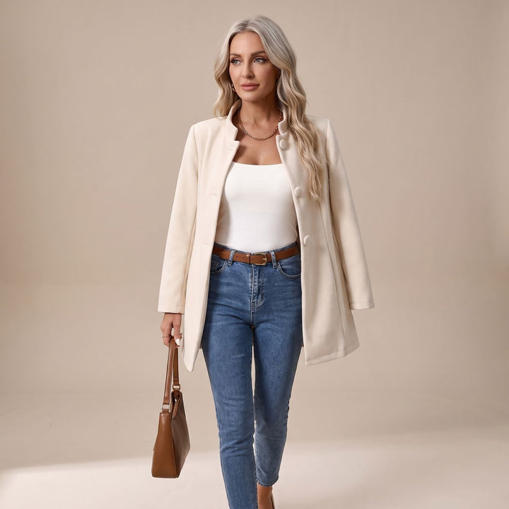 Women's Stand-Collar Button-Front Longline Blazer Jacket - Beige