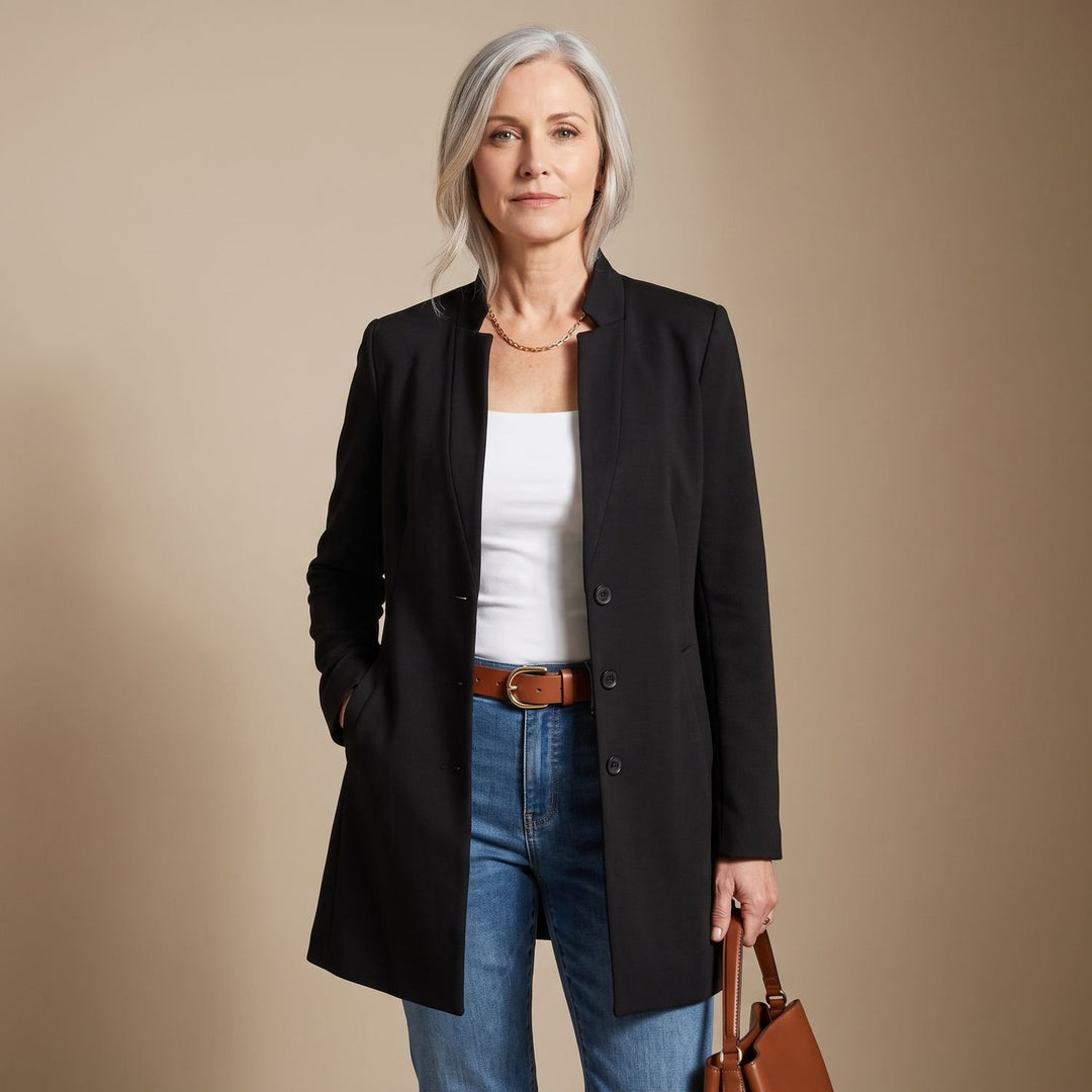 Women's Stand-Collar Button-Front Longline Blazer Jacket - Black