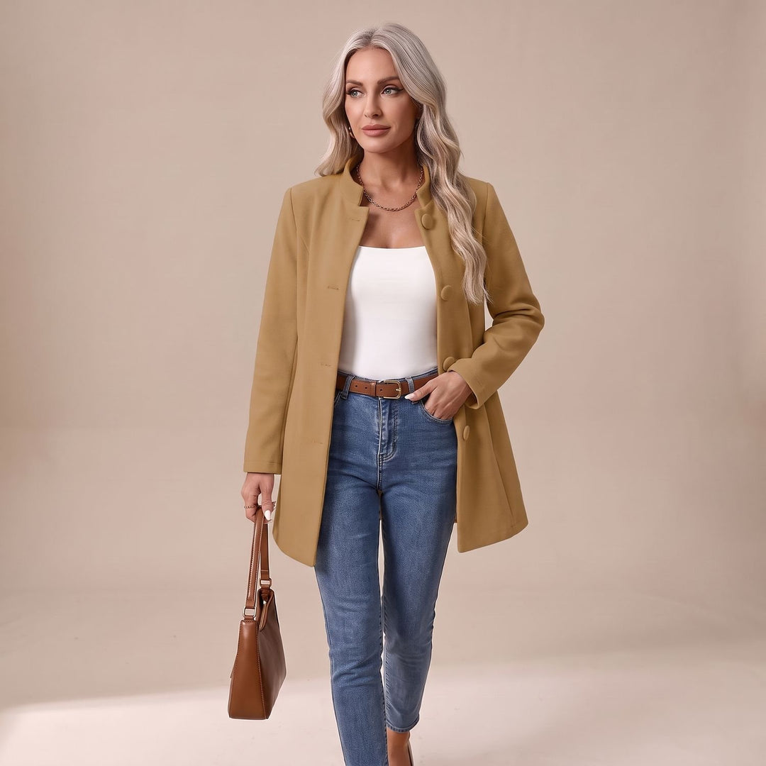 Women's Stand-Collar Button-Front Longline Blazer Jacket - Khaki