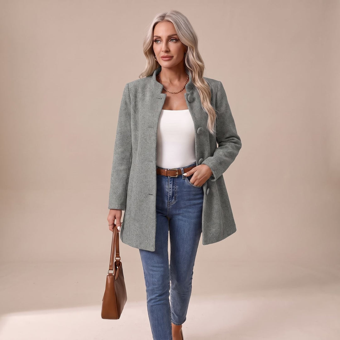 Women's Stand-Collar Button-Front Longline Blazer Jacket - Gray