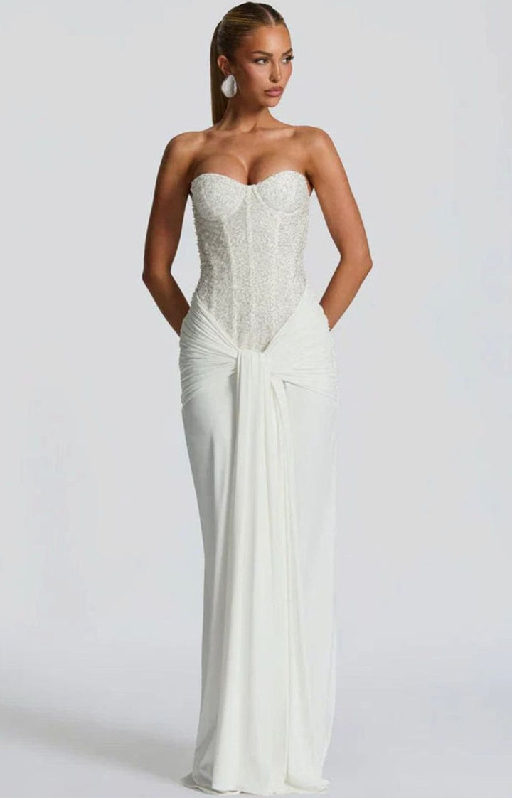 Women's Strapless Beaded Bodice Draped Waist Maxi Gown - White