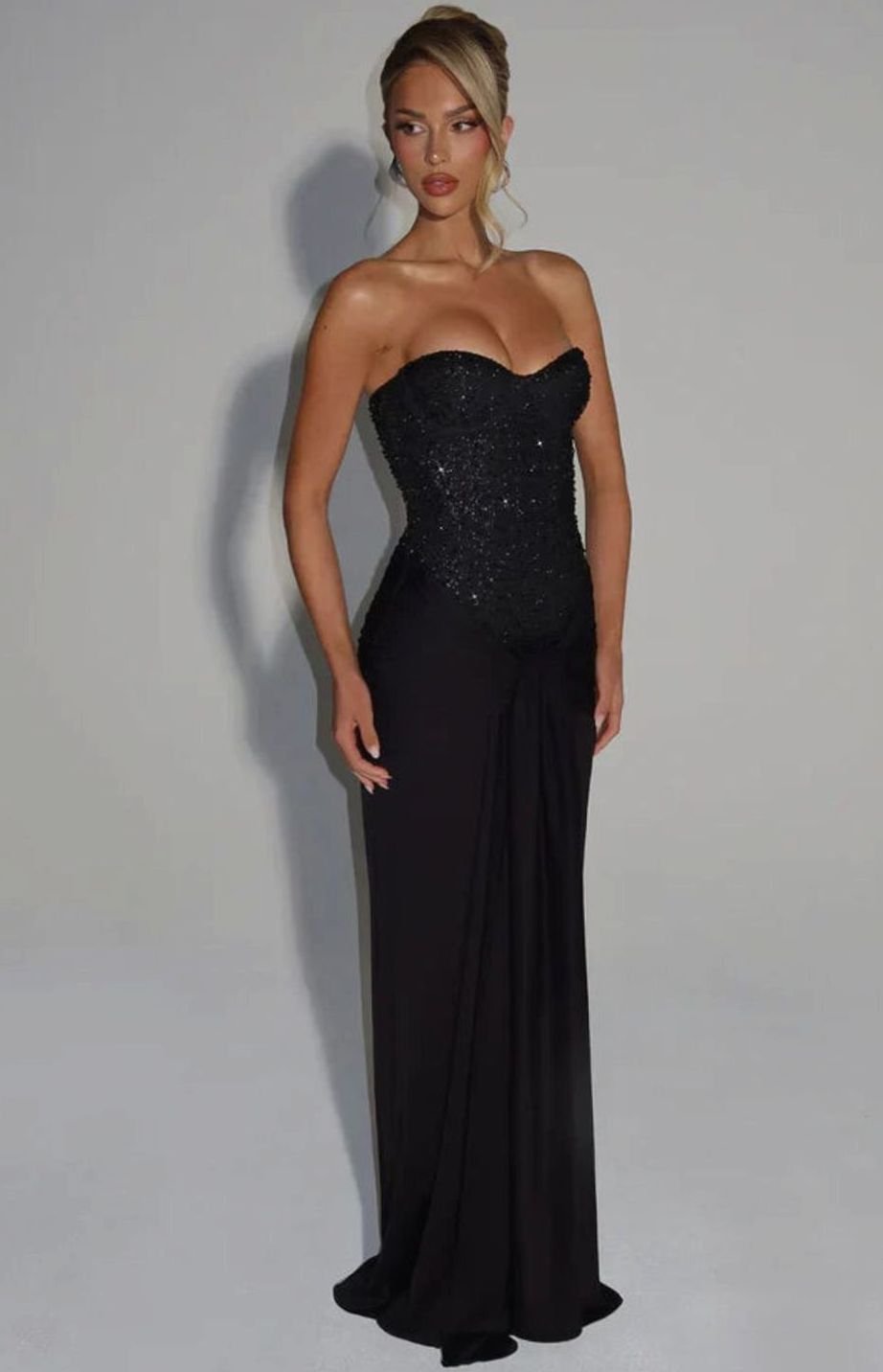 Women's Strapless Beaded Bodice Draped Waist Maxi Gown