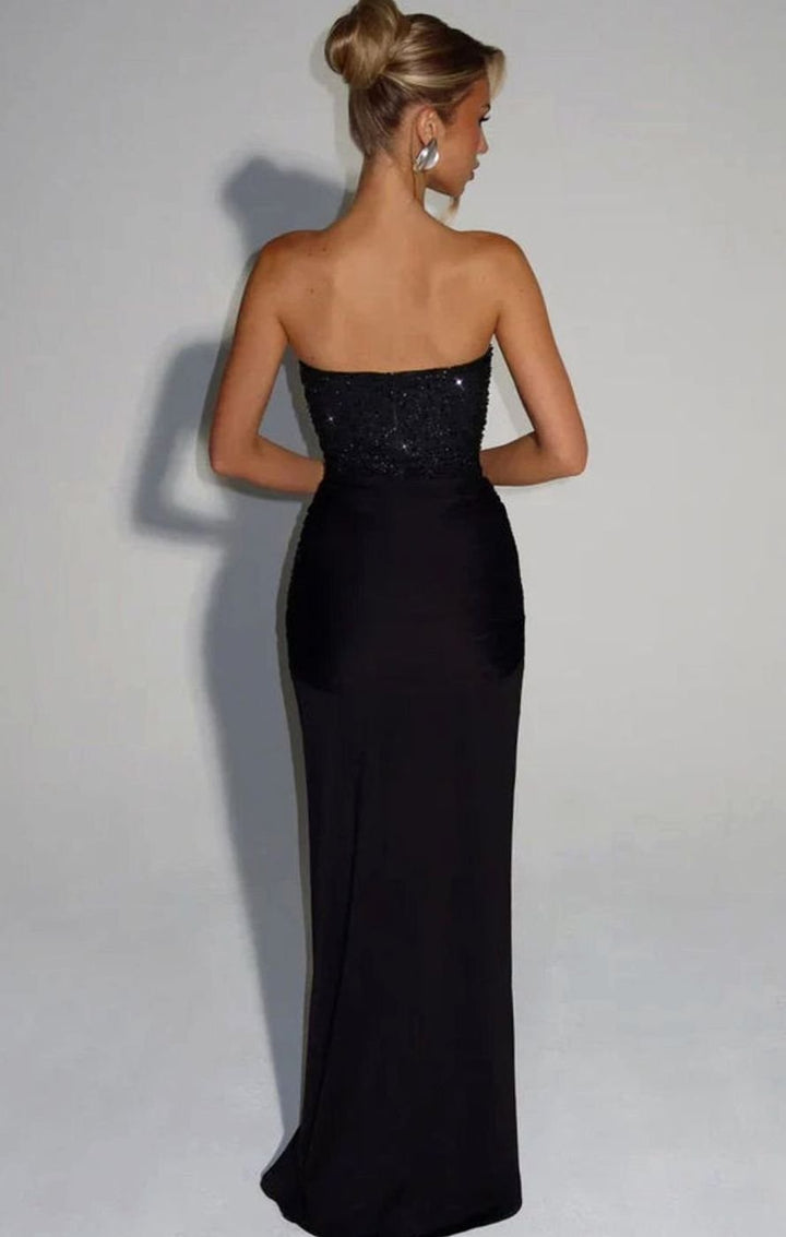 Women's Strapless Beaded Bodice Draped Waist Maxi Gown