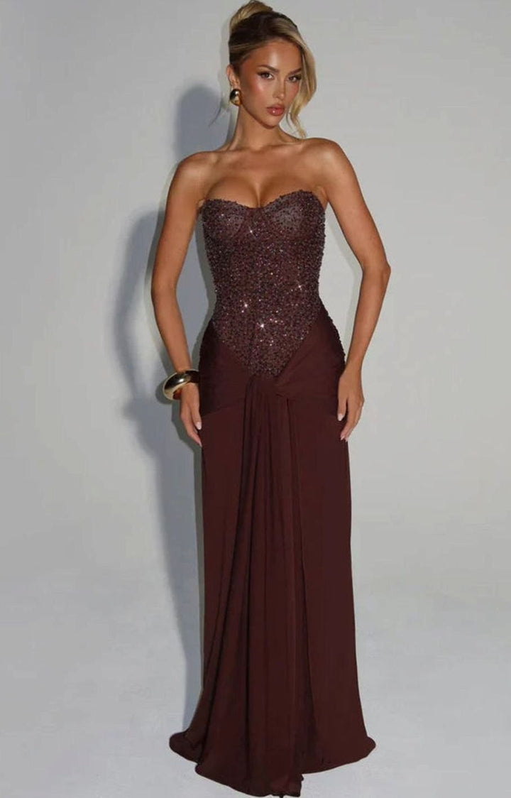 Women's Strapless Beaded Bodice Draped Waist Maxi Gown - Dark Brown