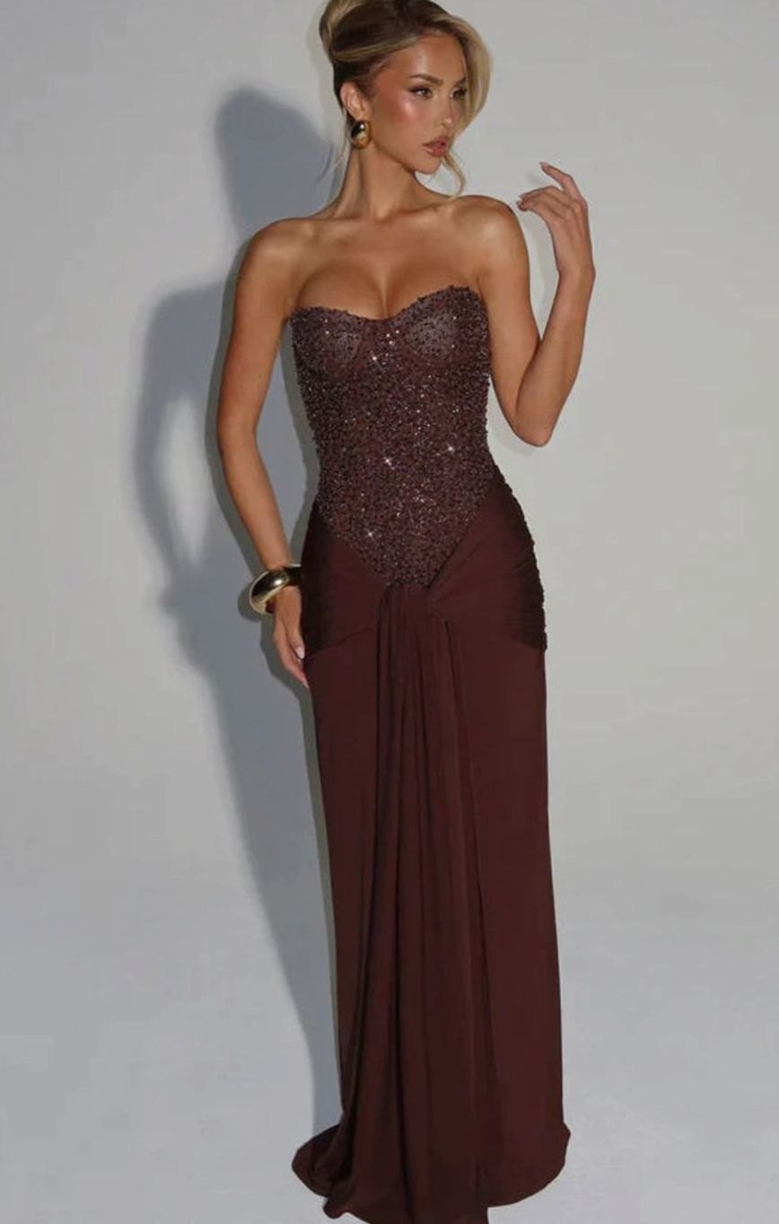 Women's Strapless Beaded Bodice Draped Waist Maxi Gown