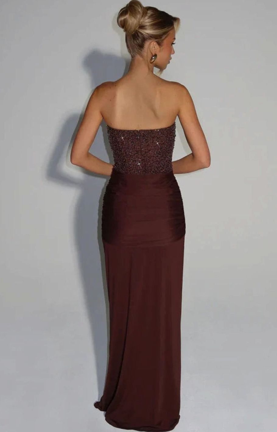 Women's Strapless Beaded Bodice Draped Waist Maxi Gown