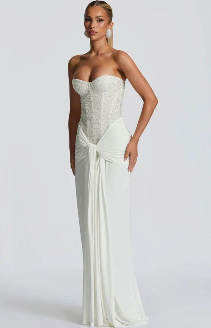 Women's Strapless Beaded Bodice Draped Waist Maxi Gown