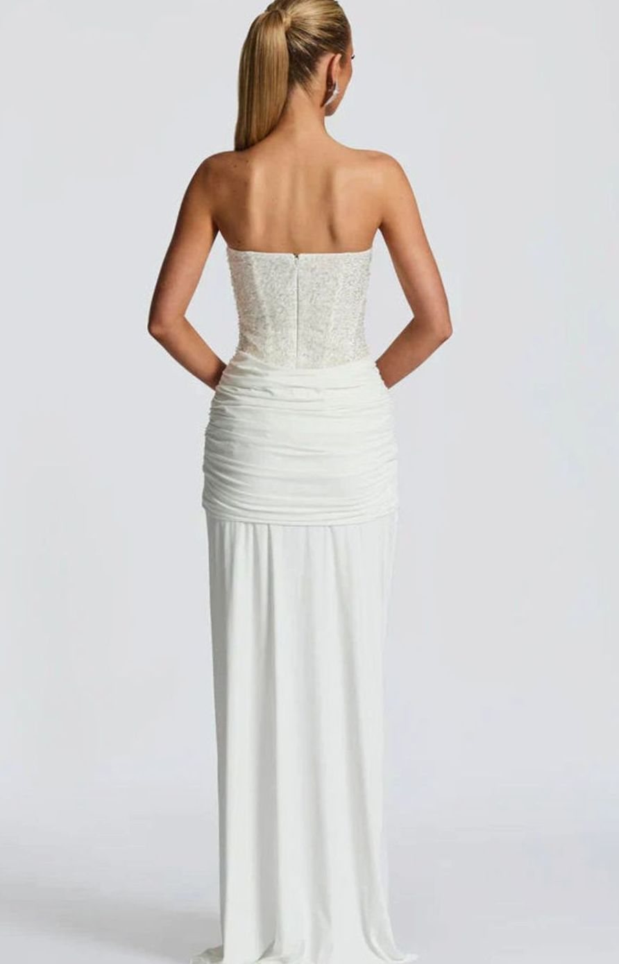 Women's Strapless Beaded Bodice Draped Waist Maxi Gown