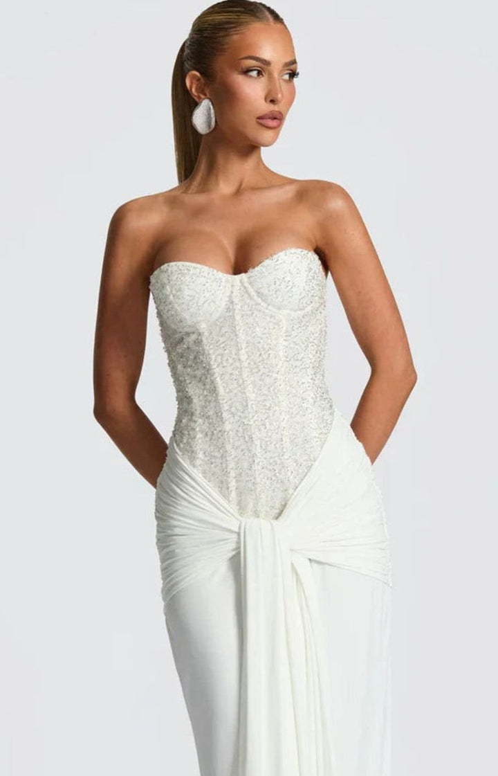 Women's Strapless Beaded Bodice Draped Waist Maxi Gown