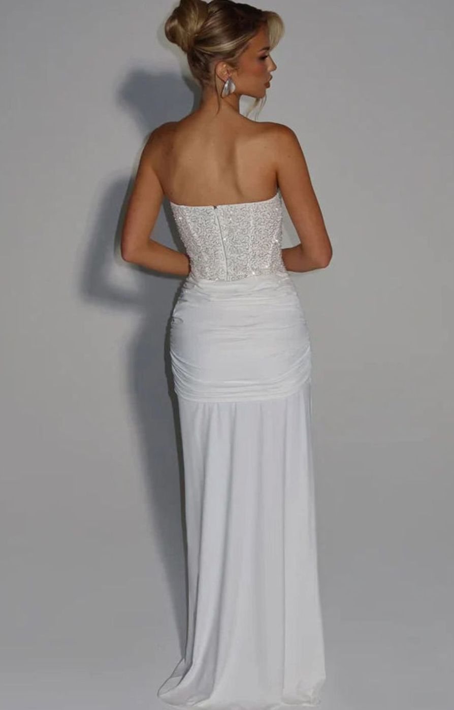 Women's Strapless Beaded Bodice Draped Waist Maxi Gown