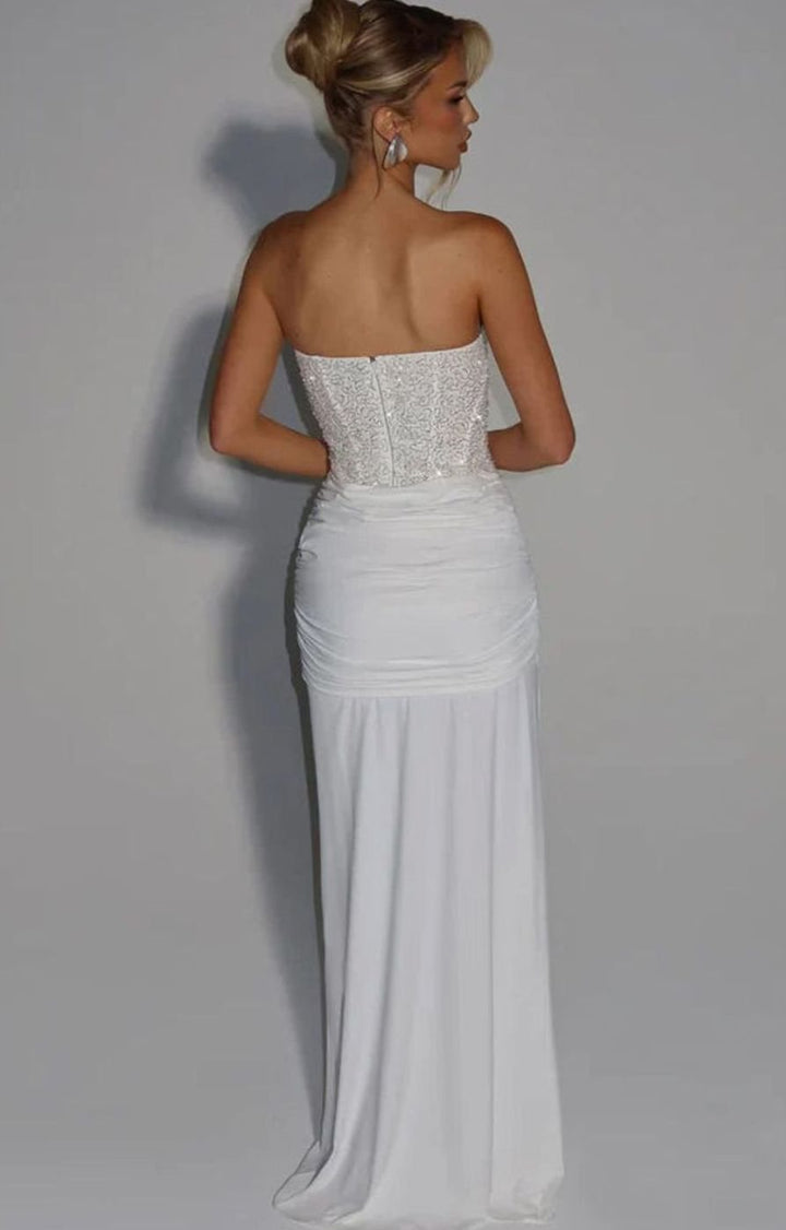 Women's Strapless Beaded Bodice Draped Waist Maxi Gown