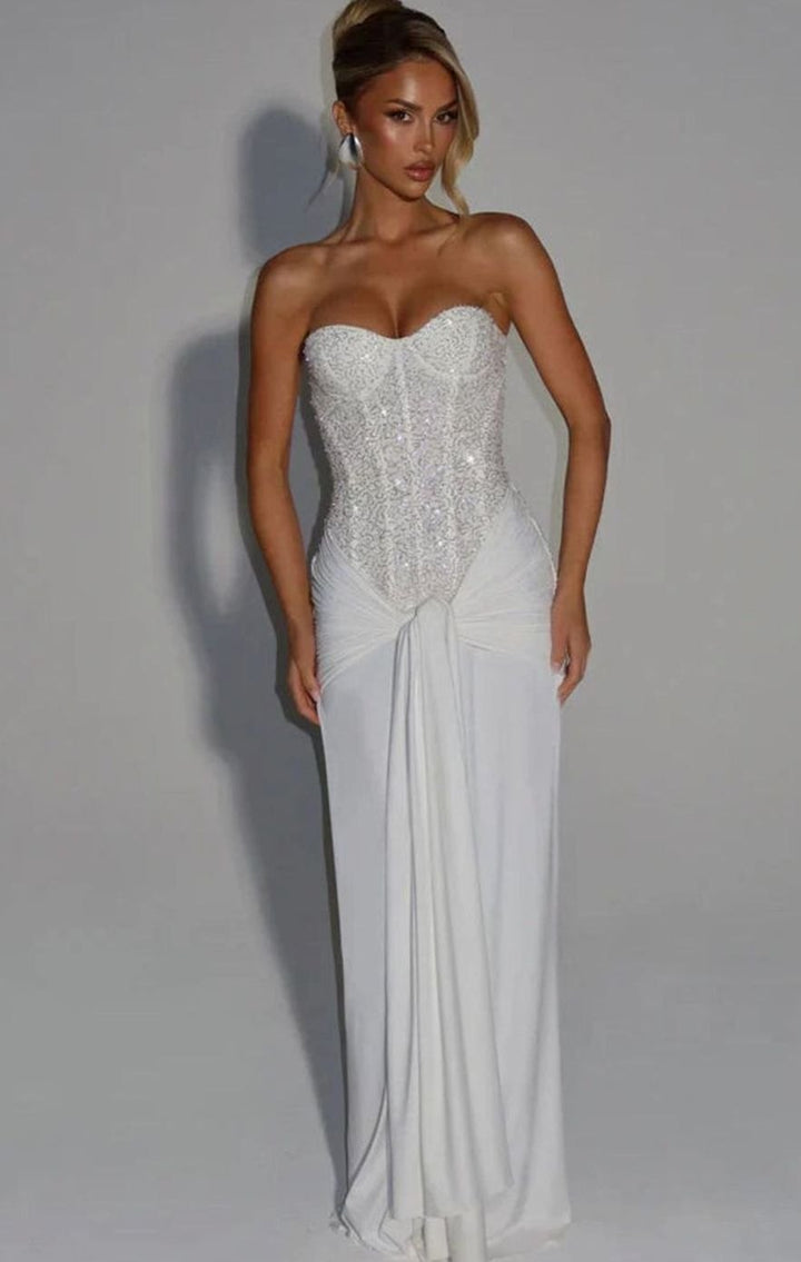 Women's Strapless Beaded Bodice Draped Waist Maxi Gown