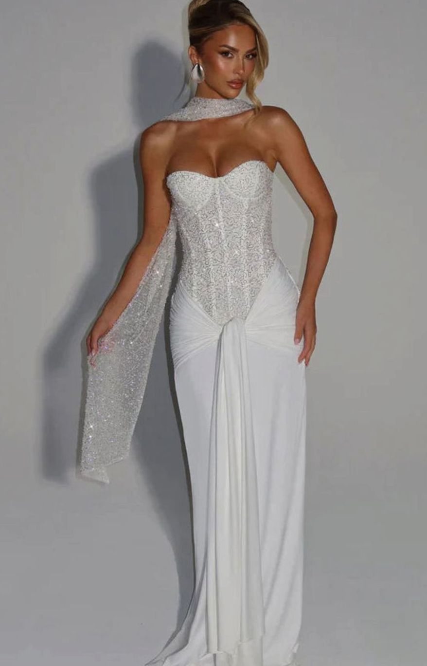 Women's Strapless Beaded Bodice Draped Waist Maxi Gown