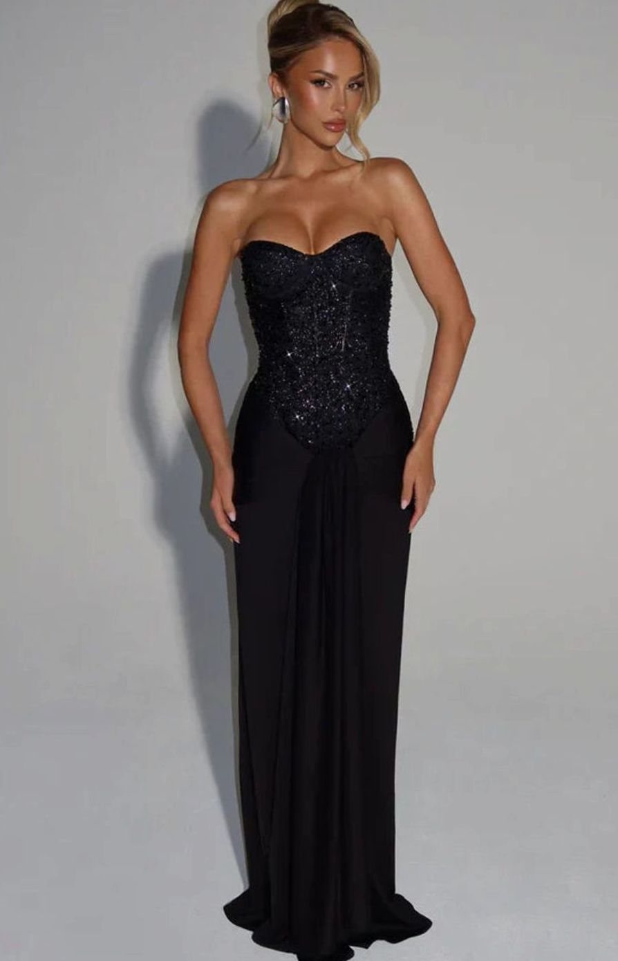 Women's Strapless Beaded Bodice Draped Waist Maxi Gown - Black