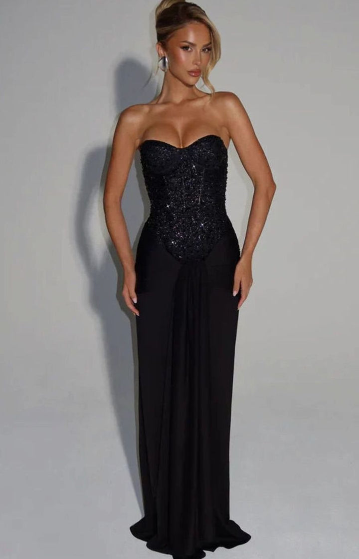 Women's Strapless Beaded Bodice Draped Waist Maxi Gown - Black