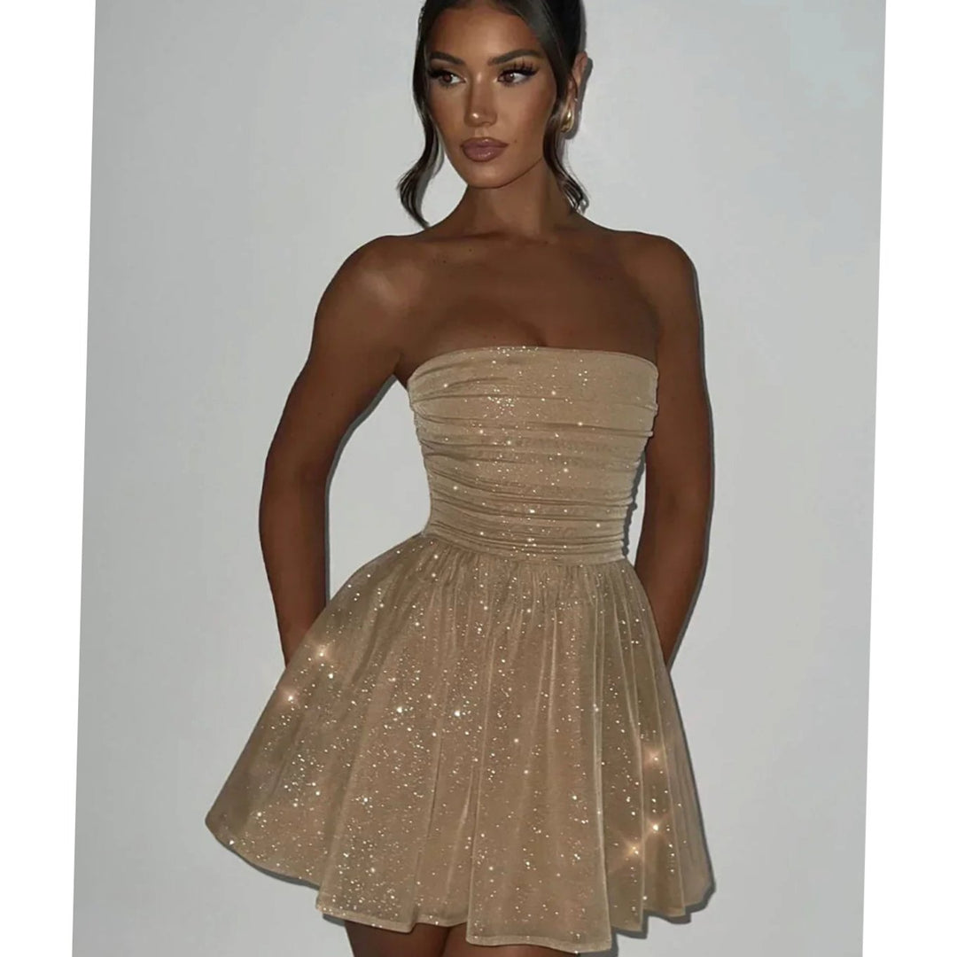 Women's Strapless Glitter Sequin Dress Flared Mini Skater - Gold