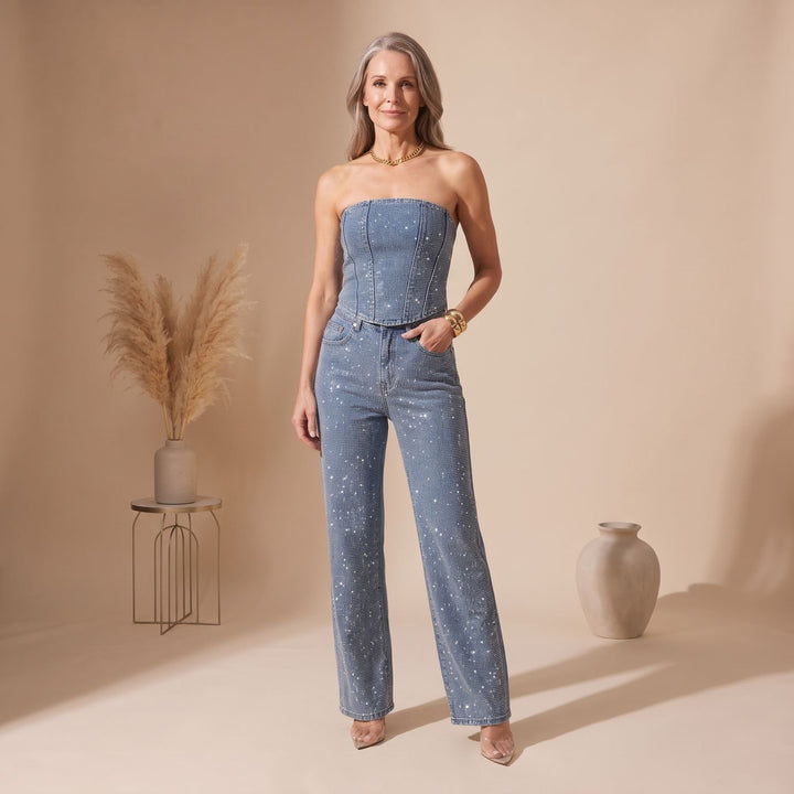 Women's Strapless Glitter Straight-Leg Formal Jumpsuit - Blue