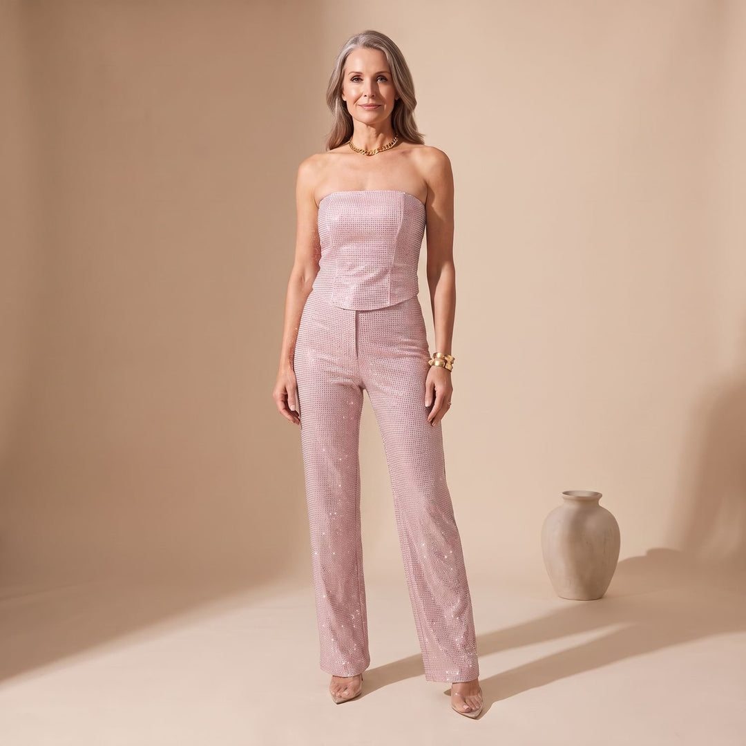 Women's Strapless Glitter Straight-Leg Formal Jumpsuit - Pink