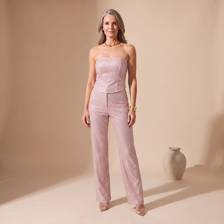 Women's Strapless Glitter Straight-Leg Formal Jumpsuit - Pink