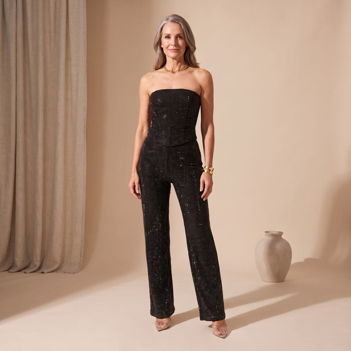 Women's Strapless Glitter Straight-Leg Formal Jumpsuit
